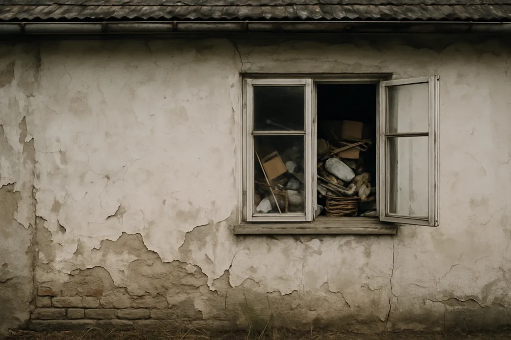 Façade d'une maison négligée avec objets entassés visibles à travers une fenêtre.