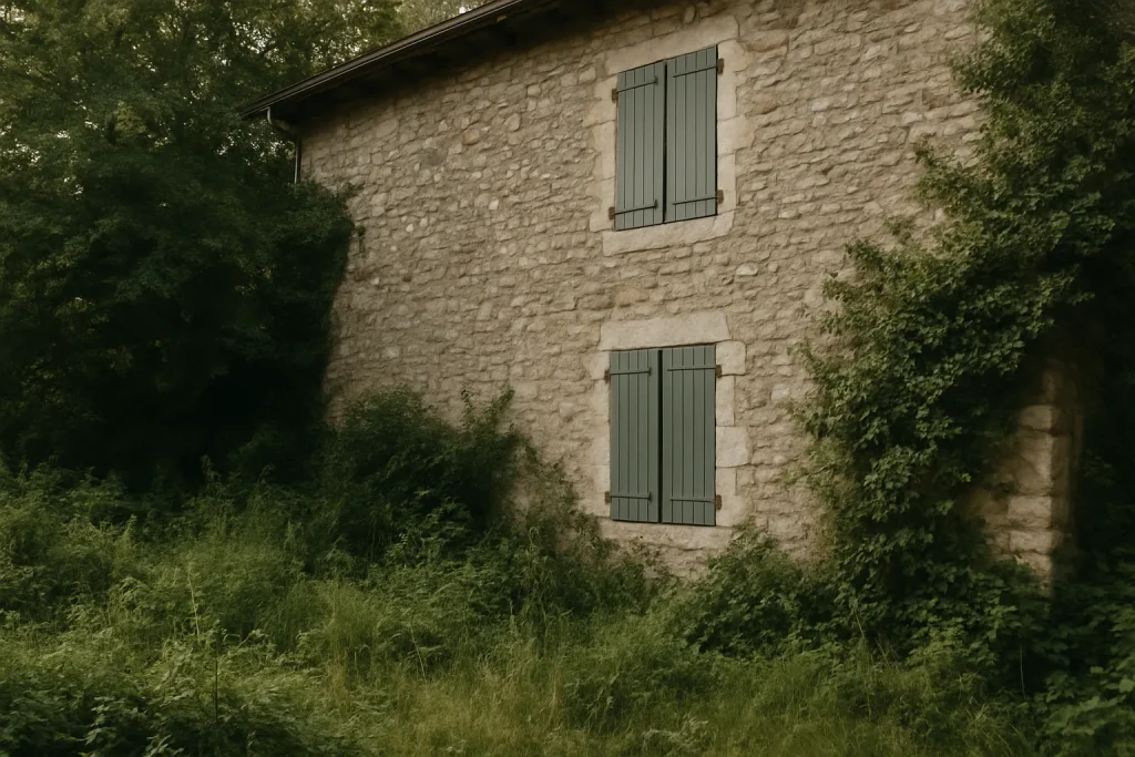 Maison en pierre avec jardin envahi, soumise à l'accord des héritiers pour débarras