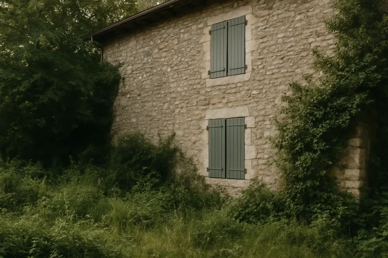 Maison en pierre avec jardin envahi, soumise à l'accord des héritiers pour débarras