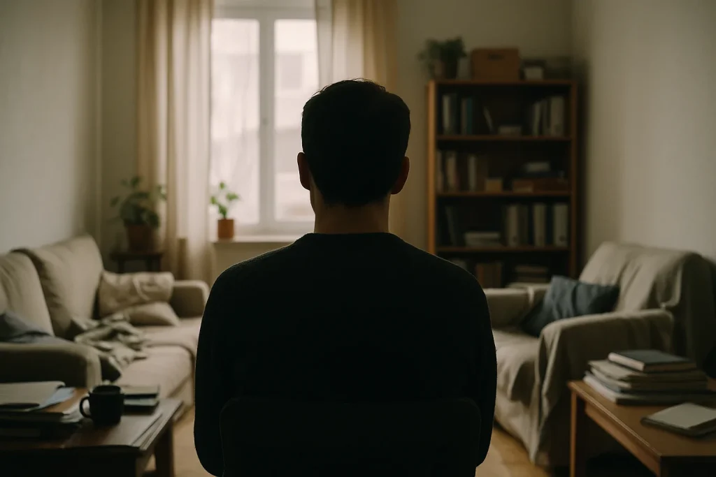 Silhouette de dos dans un salon encombré, lumière douce, ambiance introspective