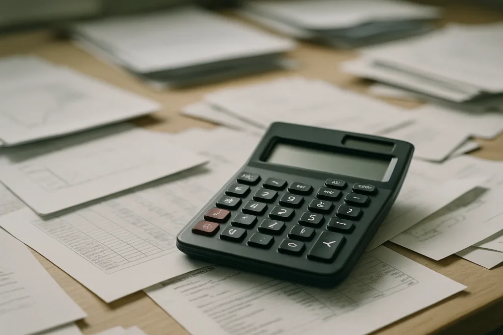 Gros plan d'une calculatrice sur un bureau encombré, lumière douce