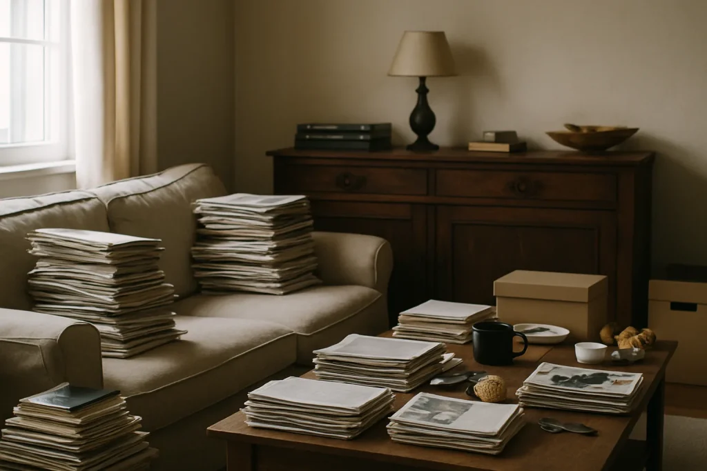 Vue d'un salon encombré avec piles de journaux et objets divers, lumière douce.