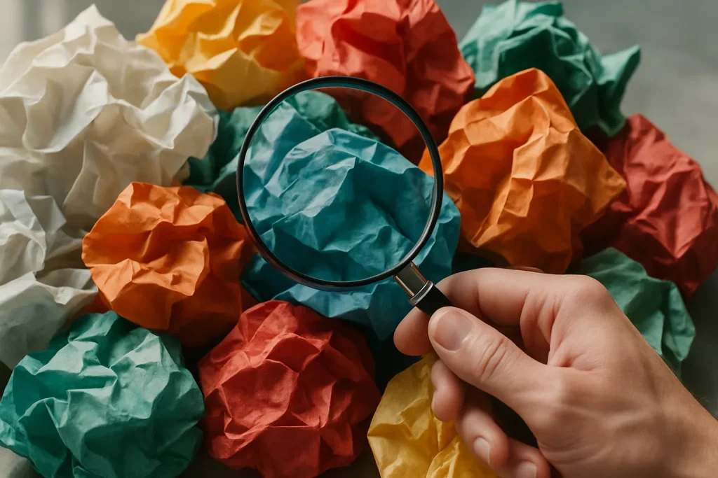 Un tas de papiers froissés colorés avec une main tenant une loupe au-dessus.