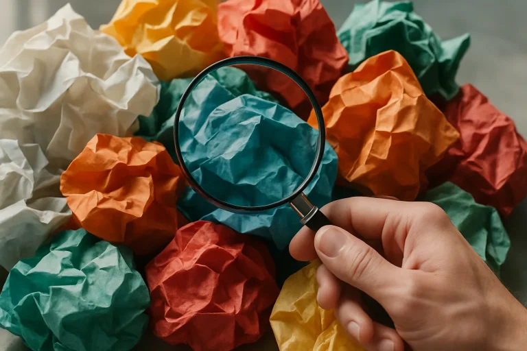 Un tas de papiers froissés colorés avec une main tenant une loupe au-dessus.