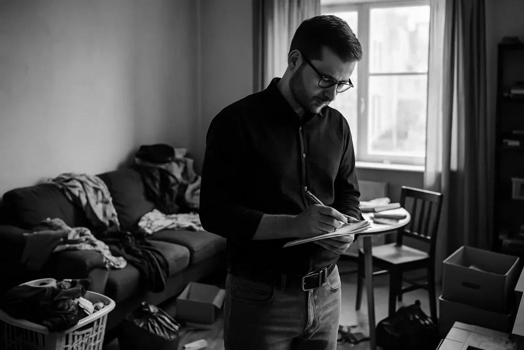 Professionnel prenant des notes dans un appartement encombré, lumière du jour filtrant.