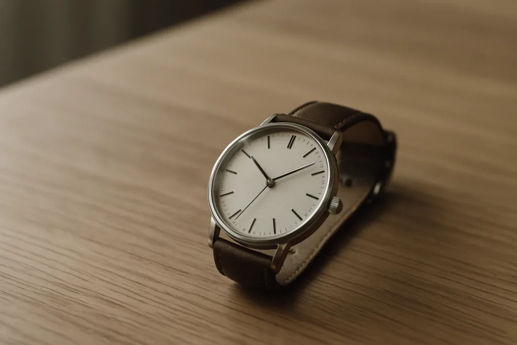 Gros plan d'une montre-bracelet sur une table, montrant l'heure.