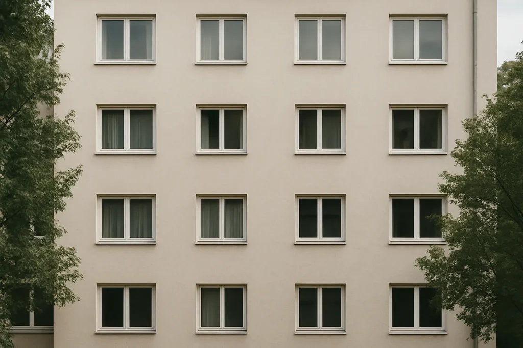 Façade d'un immeuble résidentiel, lumière du jour, arbres devant.
