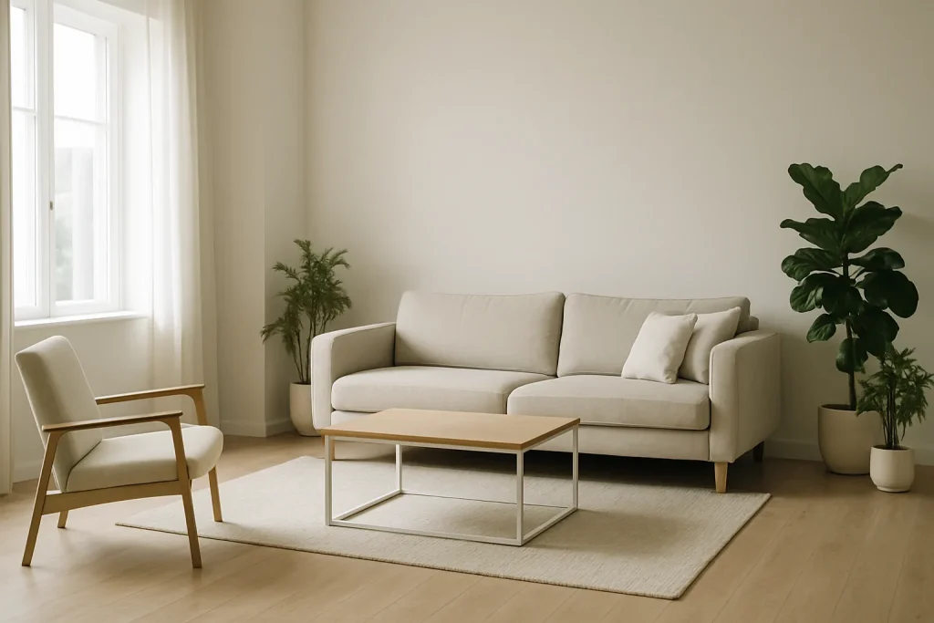 Salon minimaliste et lumineux, ambiance apaisante, symbolisant un espace épuré après nettoyage.