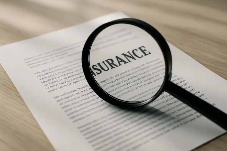 Photo de contrat d'assurance avec une loupe, éclairée par la lumière naturelle