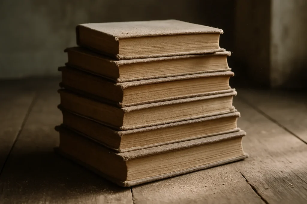 Tas de livres poussiéreux sur un sol en bois, éclairage naturel
