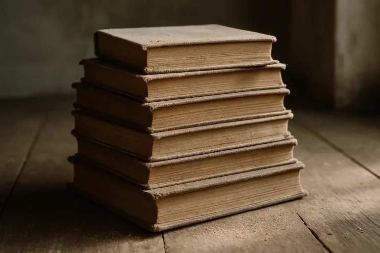 Tas de livres poussiéreux sur un sol en bois, éclairage naturel