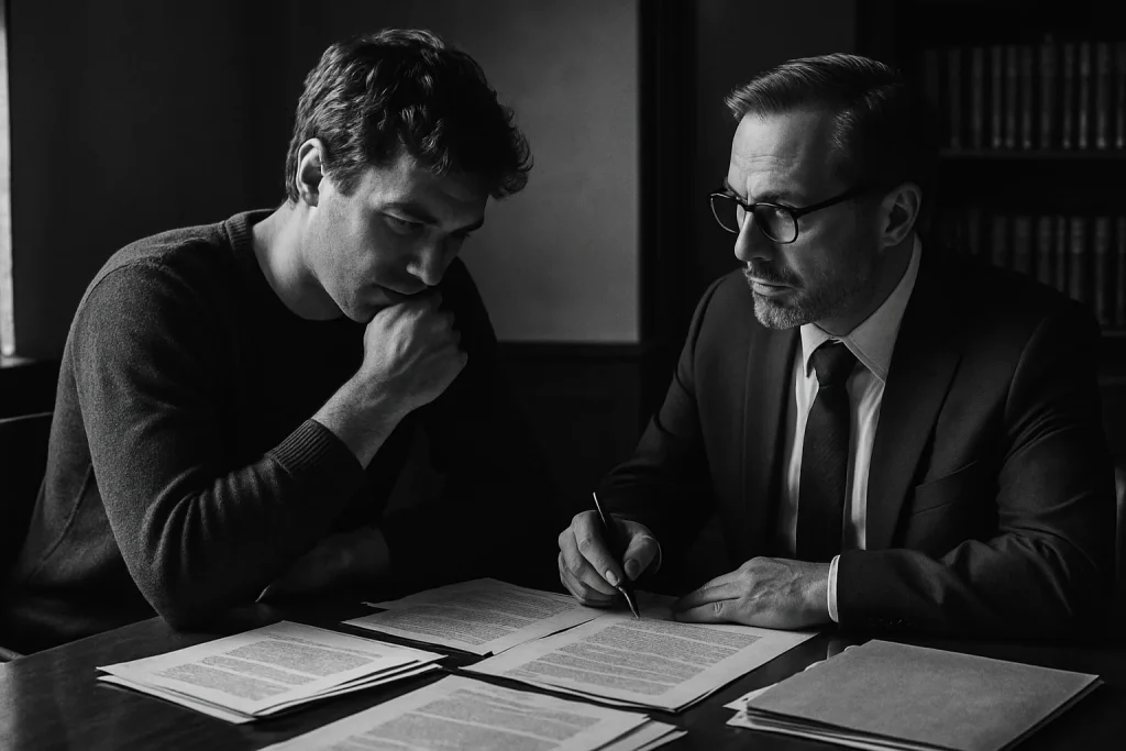 Héritier et avocat discutant de documents légaux concernant la succession.