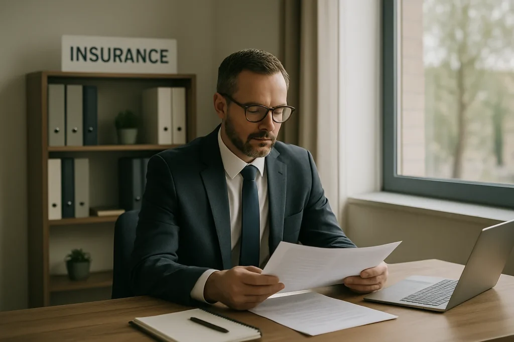 Agent d'assurance assis à un bureau, consultant des documents sous une lumière douce.