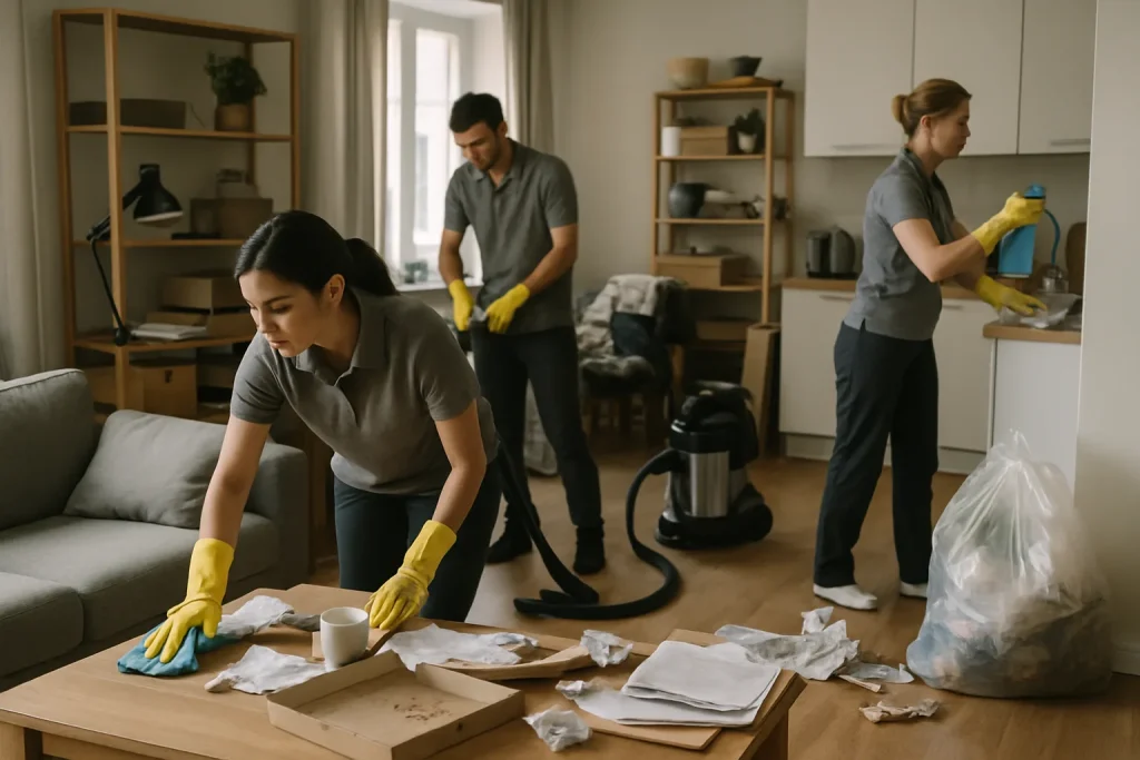Professionnels du nettoyage utilisant des outils dans un appartement encombré, lumière neutre.