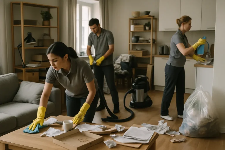 Professionnels du nettoyage utilisant des outils dans un appartement encombré, lumière neutre.
