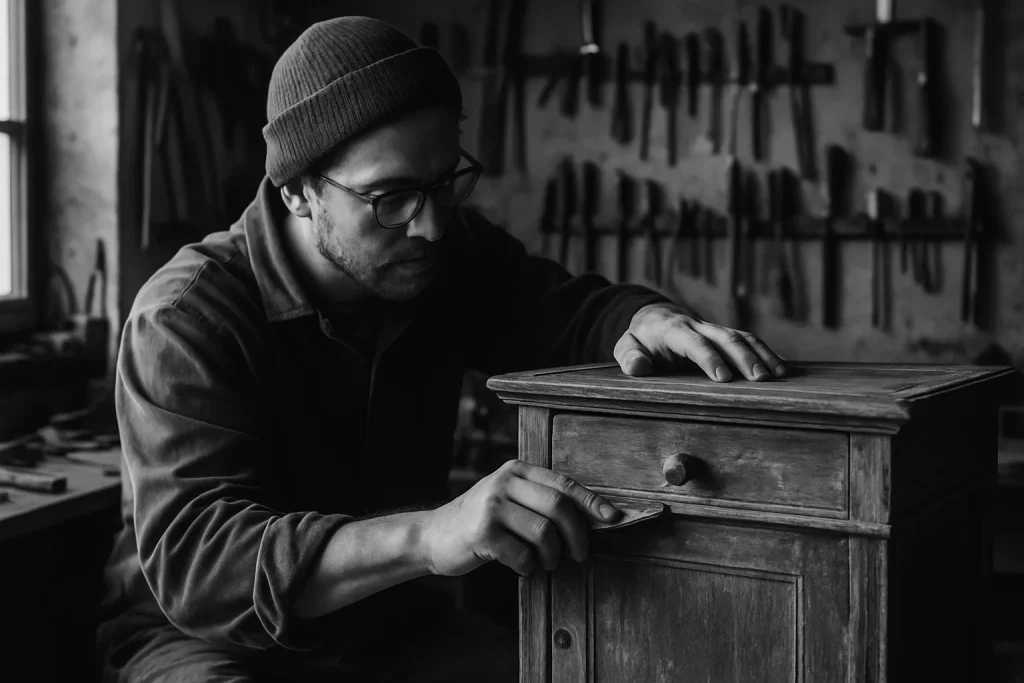 Artisan restaurant un meuble ancien dans un atelier, outils visibles.