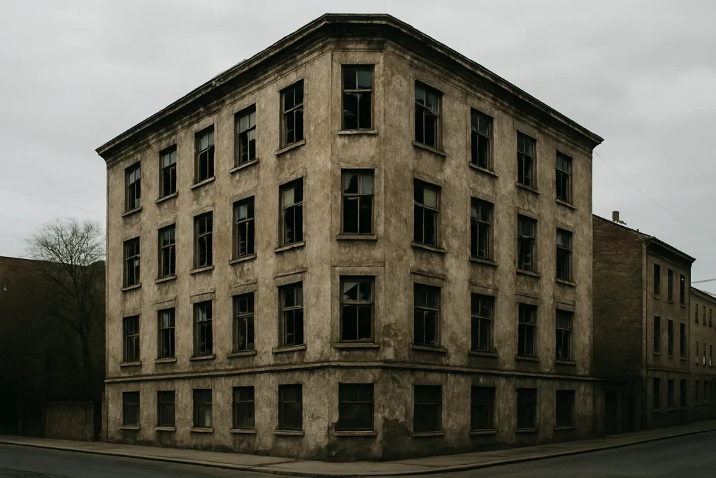 Façade d'un immeuble délabré avec fenêtres cassées en plein jour