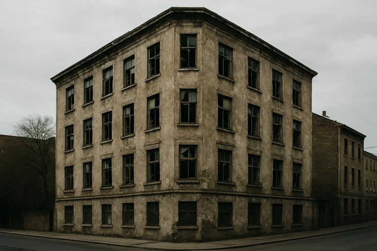 Façade d'un immeuble délabré avec fenêtres cassées en plein jour