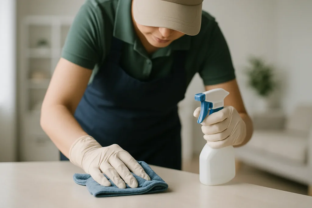 Agent de nettoyage en action avec outils sur une surface délicate, lumière neutre.