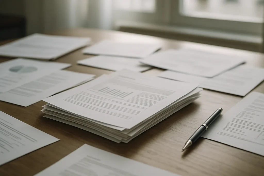 Un bureau avec divers documents, un stylo, et une lumière naturelle éclaire la scène.