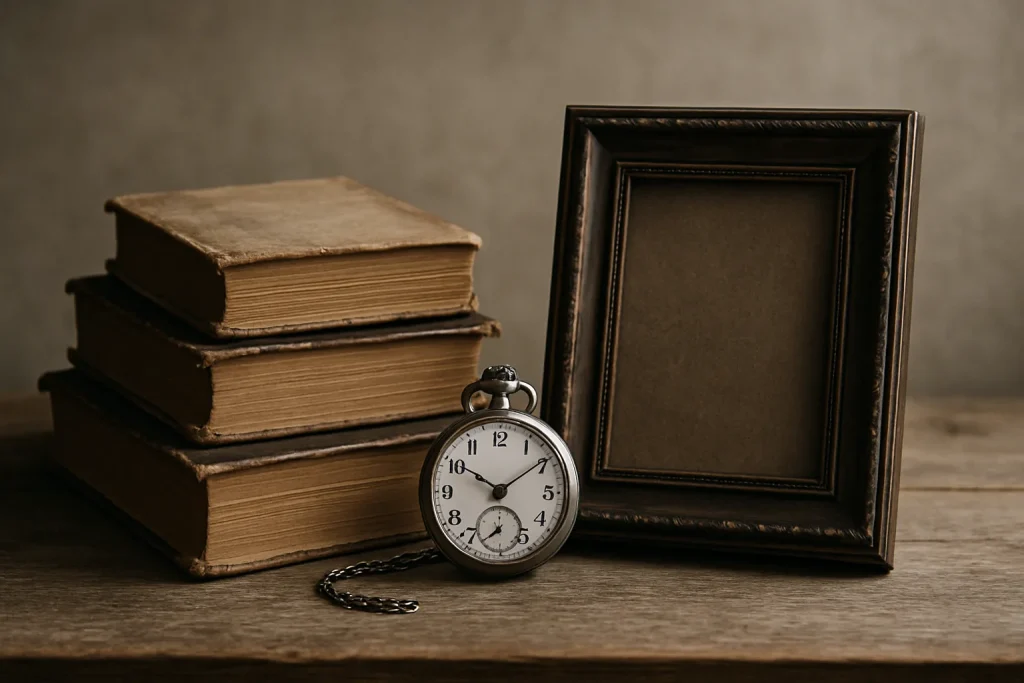 Nature morte avec objets anciens, livres, montre à gousset, cadre photo sur une table en bois