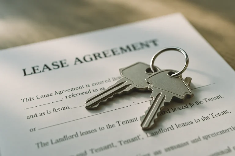 Gros plan sur des clés de maison sur un contrat de location, éclairage naturel.