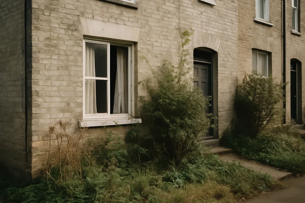 Façade de maison négligée avec jardin envahi, fenêtre ouverte, rideaux défraîchis.