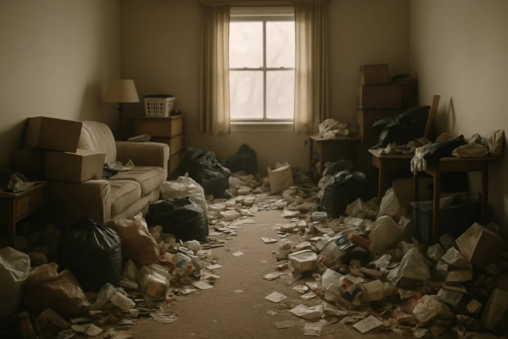 Appartement encombré avec piles de déchets, éclairage tamisé, poussière visible.