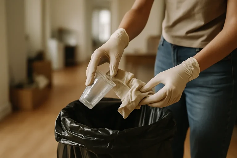 Mains gantées plaçant des déchets dans un sac poubelle, intérieur flou d'un appartement.