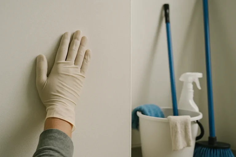Main gantée touchant un mur pour évaluer son état après nettoyage.