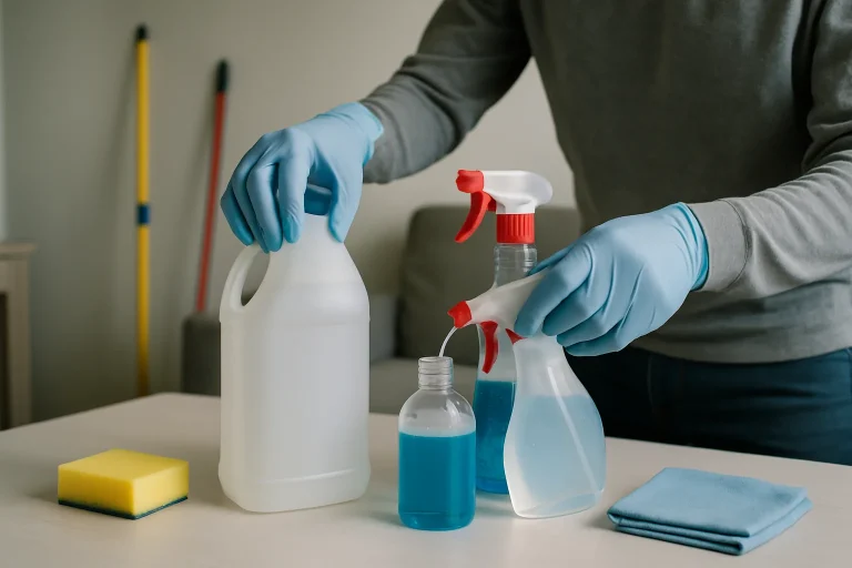 Mains gantées manipulant des produits chimiques dans un appartement insalubre, outils visibles en arrière-plan