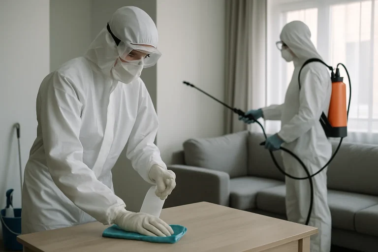 Deux techniciens en combinaison désinfectent un appartement, équipements visibles.