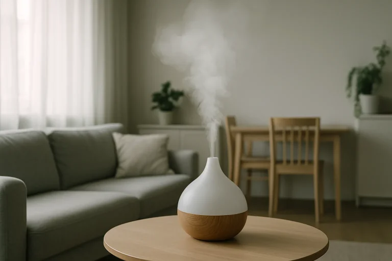 Appareil de nébulisation en fonctionnement dans un appartement, brume visible