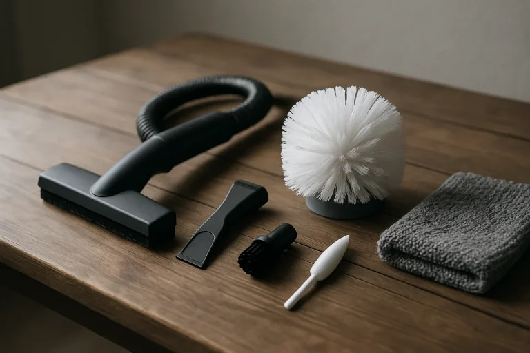 Outils de nettoyage spécialisés sur une table, éclairage latéral doux.