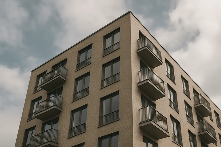 Vue extérieure d'un bâtiment résidentiel, ciel nuageux, perspective en contre-plongée.