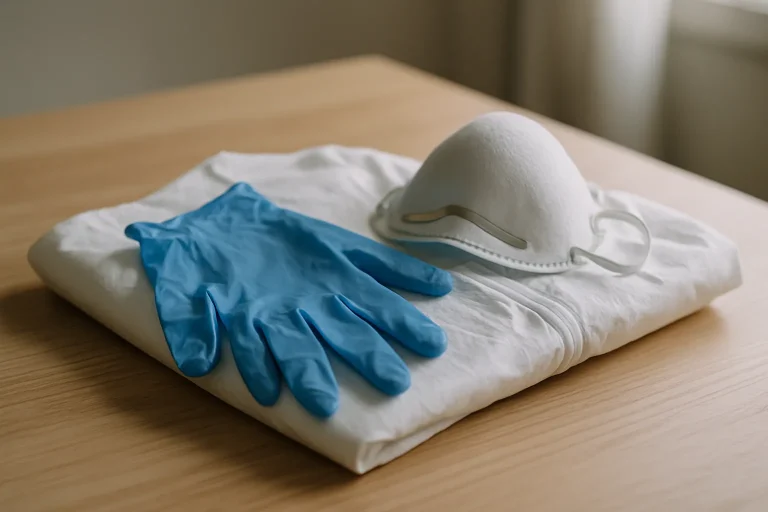 Équipements de protection individuelle sur une table, lumière douce