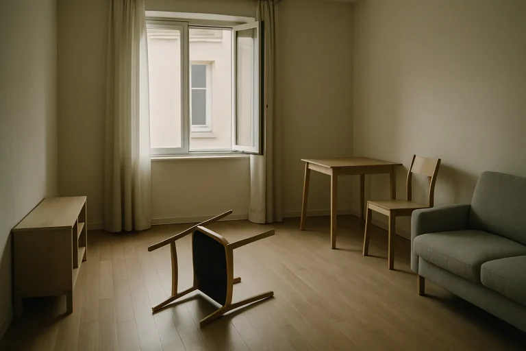 Appartement vide avec une fenêtre entrouverte et une chaise renversée, éclairage doux