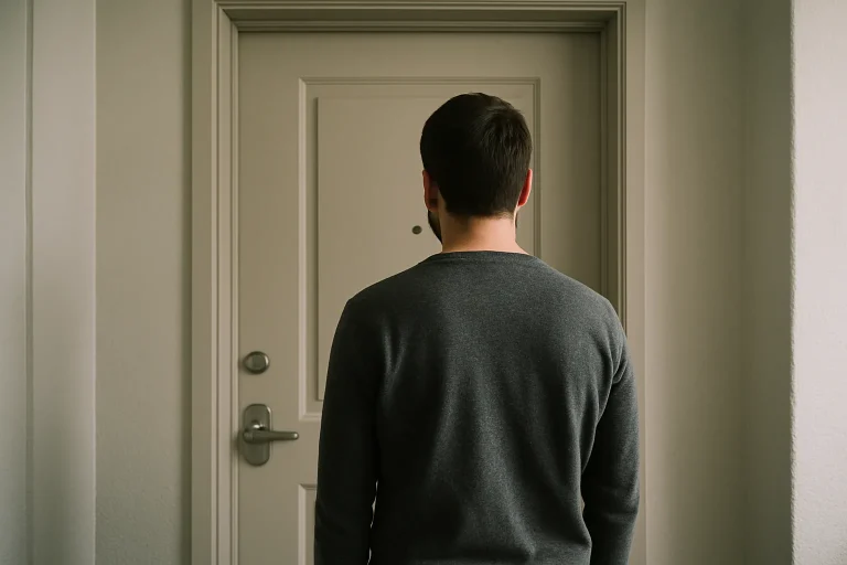 Silhouette de dos d'un propriétaire devant une porte fermée d'appartement, lumière douce